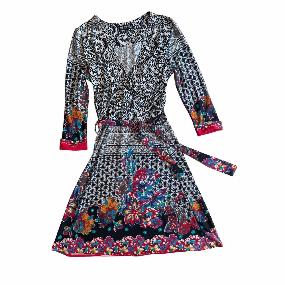 Papillon Floral Boho Patchwork Wrap Dress 3/4 Sleeve Belted Fit Flare Small
